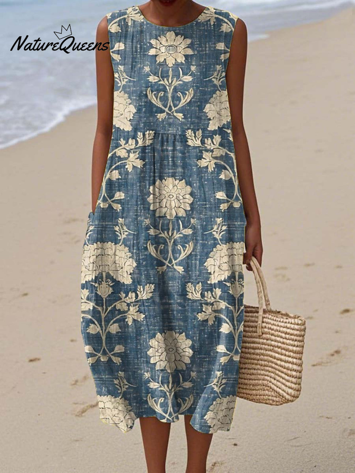 Women's Vintage Floral Pattern Art Print Sleeveless Cotton Pocket Wrap Dress
