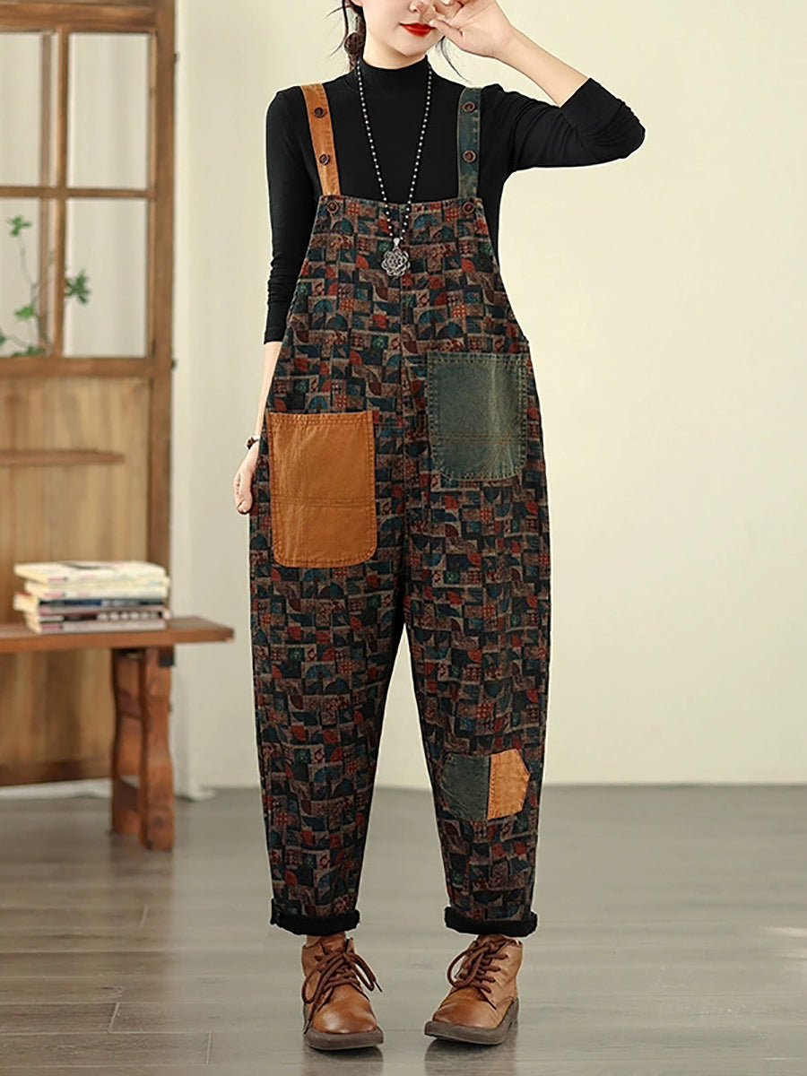 Women Vintage Patchwork Cotton Loose Denim Jumpsuits