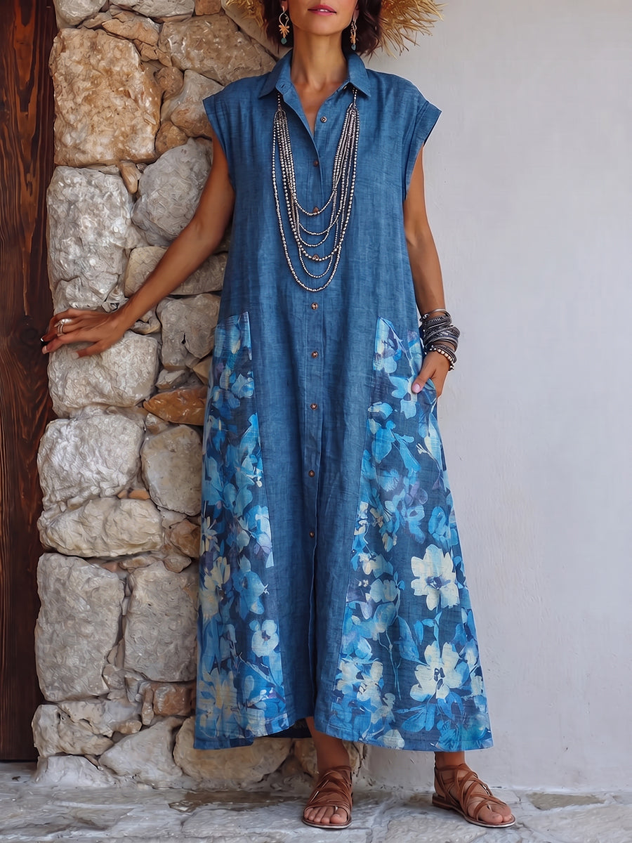 Vacation-style Retro Floral Patchwork Cotton-linen Midi Dress