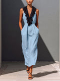 Women's Ruffled V-neck Sleeveless Casual Loose Cotton-linen Dress