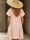 Women's Retro Lantern Short Sleeves Pink Floral Cotton-linen Mini Dress