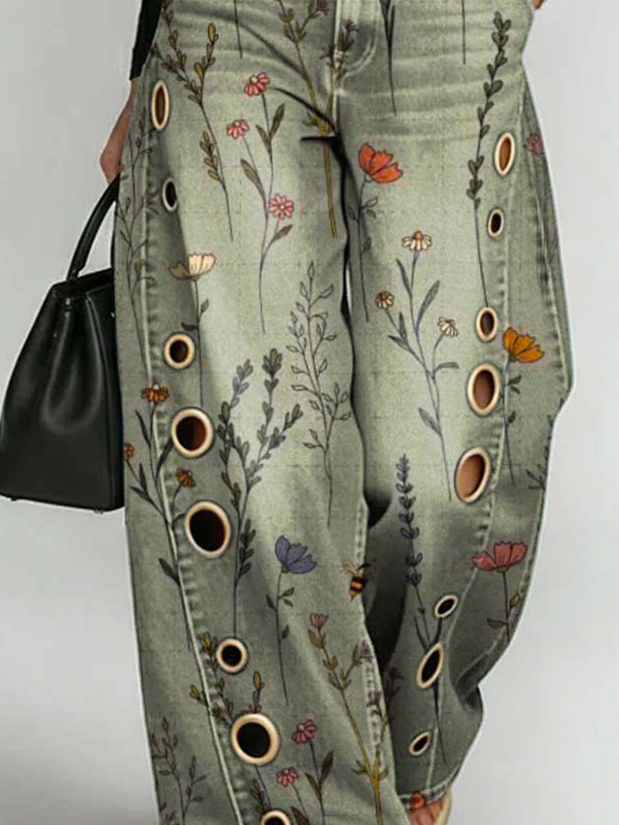 Women's Retro Floral Art Print Casual Stylish Hollow Denim Pants