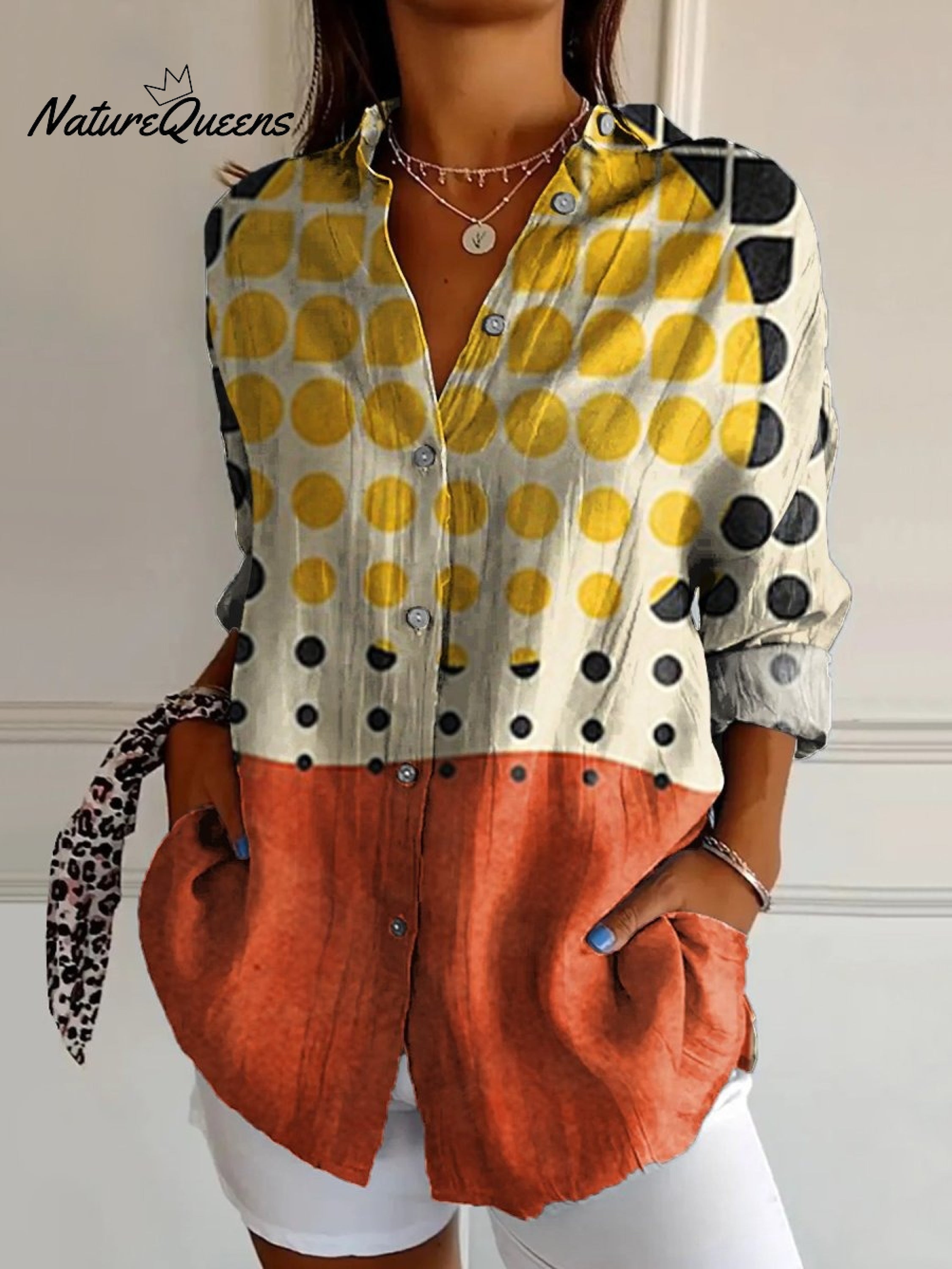 Bohemian Polka Dot Abstract Art Cotton and Linen Shirt