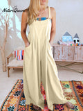 Women's Solid Color Loose Elegant Casual Cotton Linen Suspender Jumpsuit