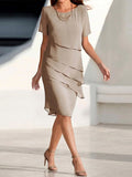 Women's Solid-color Round-neck Short-sleeve Casual Loose Chiffon Dress