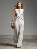 Stylish And Casual V-neck Sleeveless Top And Polka Dot Printed Trousers Chiffon Set
