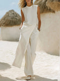 Women's Solid Color Art Stylish Casual Top And Pants Cotton Linen Two-piece Set