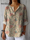 70s Style Vintage Floral Garden Printed Women's Casual Cotton Linen Shirt