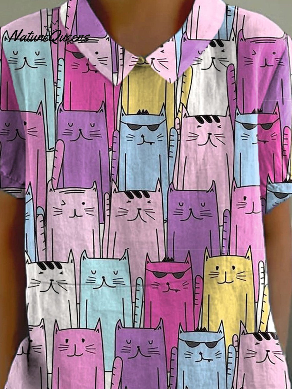 Lovely Cartoon Cat Repeat Pattern Printed Women's Casual Cotton And Linen Shirt