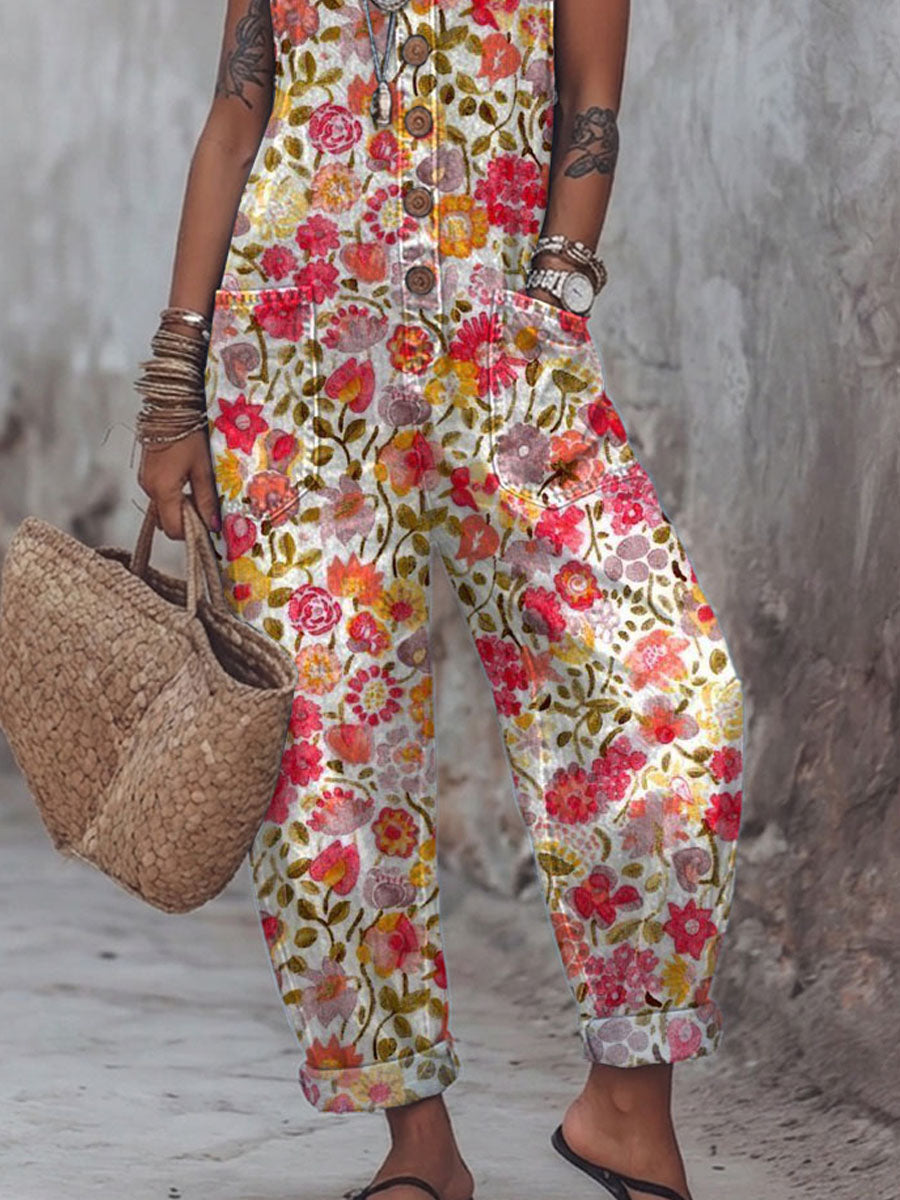 Women's Vintage Flower Art Print Casual Jumpsuit
