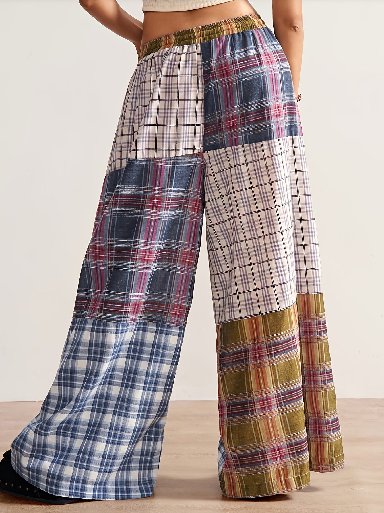 Dopamine-style Color-block Plaid Wide-leg Pants — High-waisted, Slimming, And Loose-fitting With A Designer Aesthetic