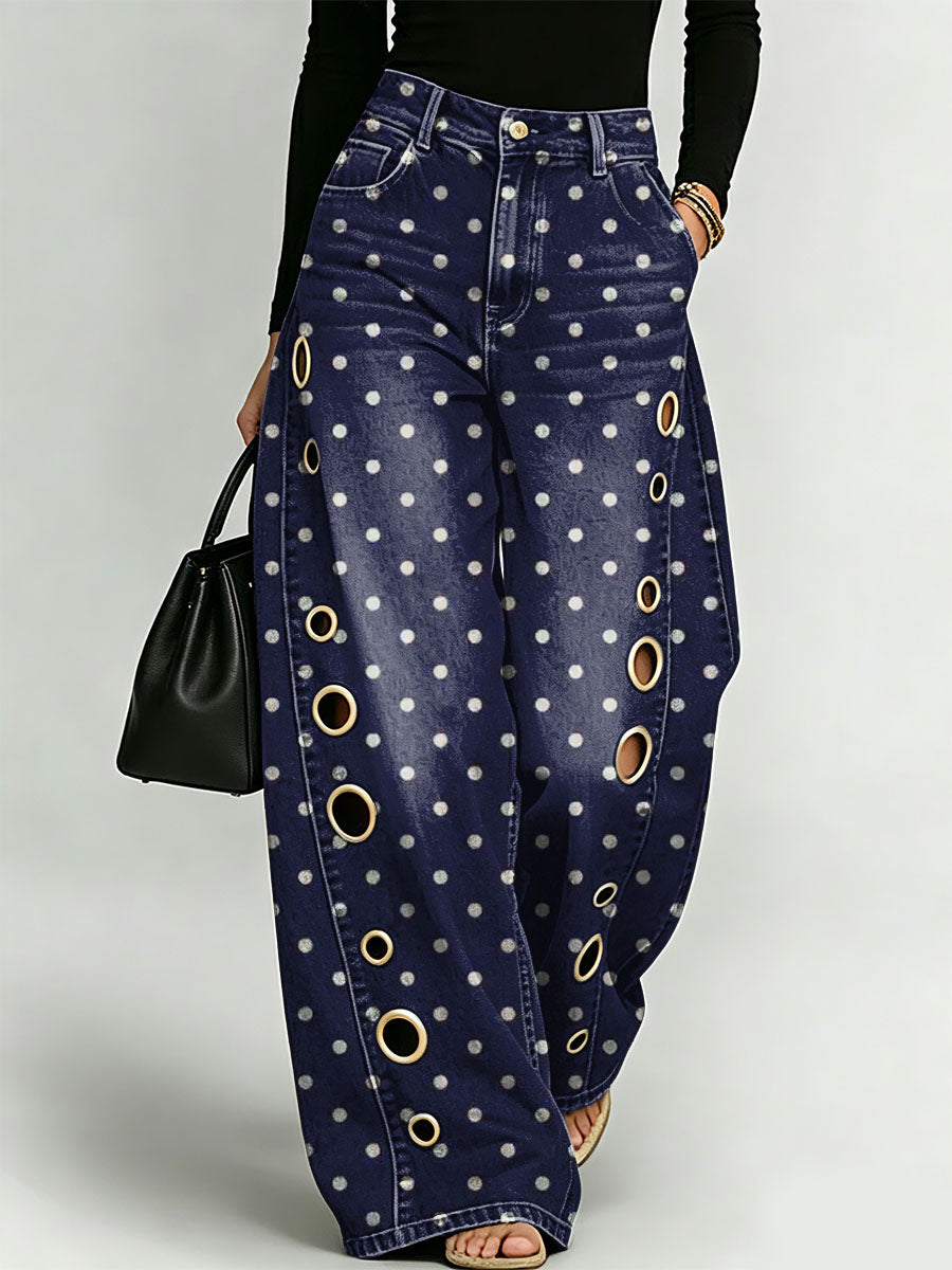 Dark Polka-dot Decorative Pattern Women's Casual Cotton Denim Pants