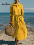 Women's Casual Linen Cotton Pleated Pocket Long Sleeve Dress