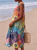 Artistic Floral Color-block Cotton-linen Dress