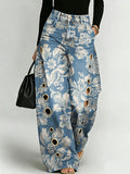 Vintage-style Elegant Floral Decorative Pattern Women's Denim Pants