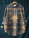 Vintage Ethnic Floral Art Print Casual Cotton And Linen Shirt