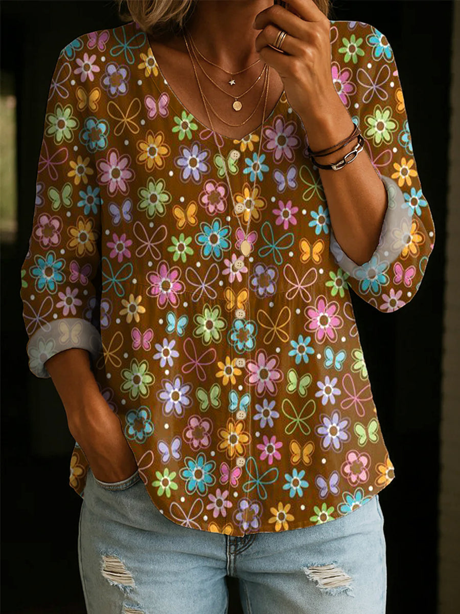 Women's Vintage Floral Art Print Linen-cotton Shirt