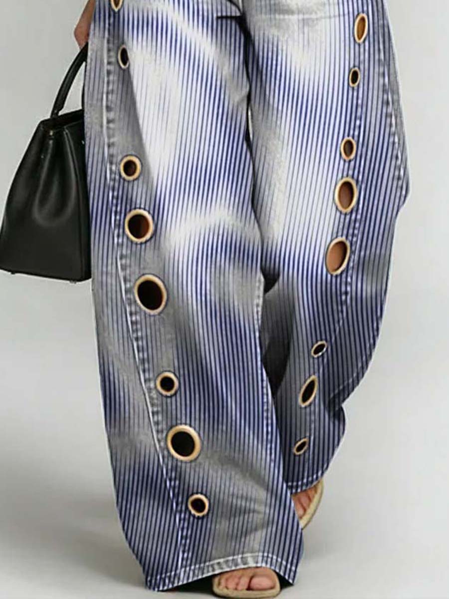 Women's Abstract Line Art Print Casual Stylish Hollow Denim Pants