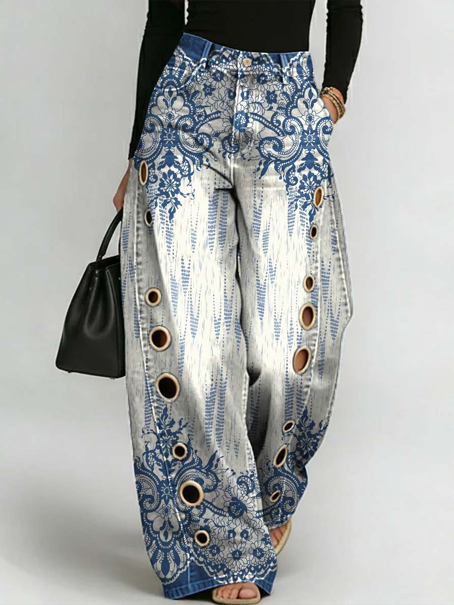 Women's Retro Floral Art Print Casual Stylish Hollow Denim Pants