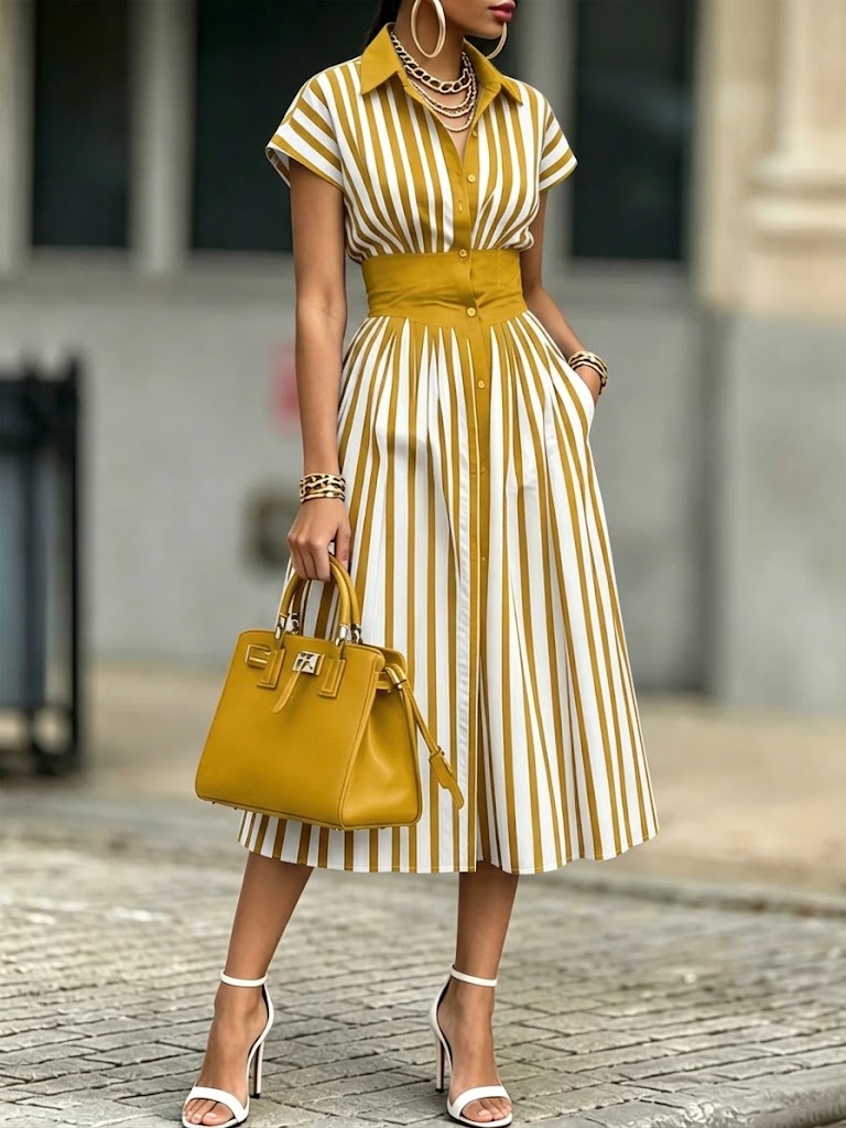 Casual Striped Cotton Shirt Dress