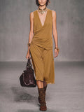 Women's Solid-color V-neck Sleeveless Loose-fit Cotton Casual Dress
