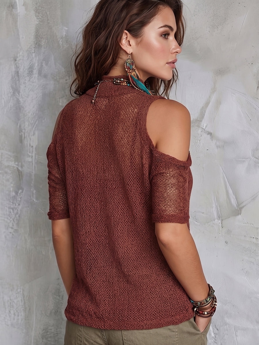 Boho Sexy Semi-mock Neck Cutout Cold-shoulder Knit Top