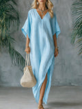 Elegant Vintage V-neck Batwing Sleeve Solid Color Cotton And Linen Maxi Dress