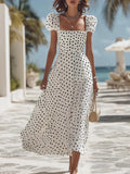 Polka-dot Maxi Dress With Square Neckline, Puff Sleeves, And Flared Hem