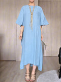 Women's Solid-color Round-neck 3/4-sleeve Casual Loose-fit Dress