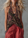 Women's Camouflage Print V-neck Sleeveless Casual Loose Cotton-linen Top