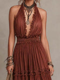 Halter-neck Deep V-neck Tiered Ruffle Chiffon Midi Dress