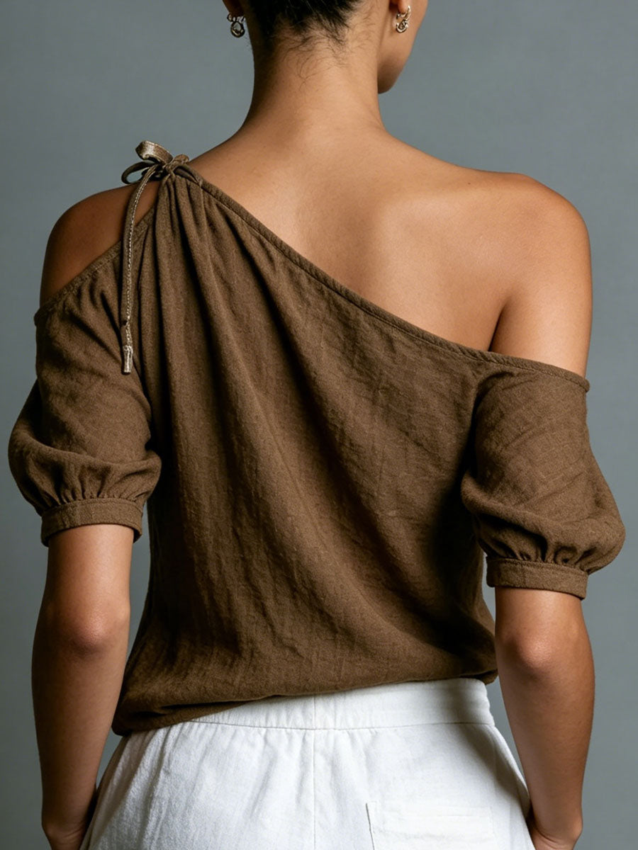 Women's Casual Brown Cotton-Linen Top