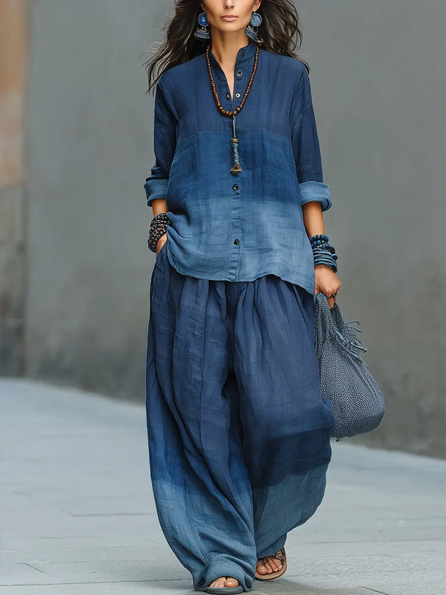 Women's Bohemian Vacation Style Gradient Cotton-linen Set