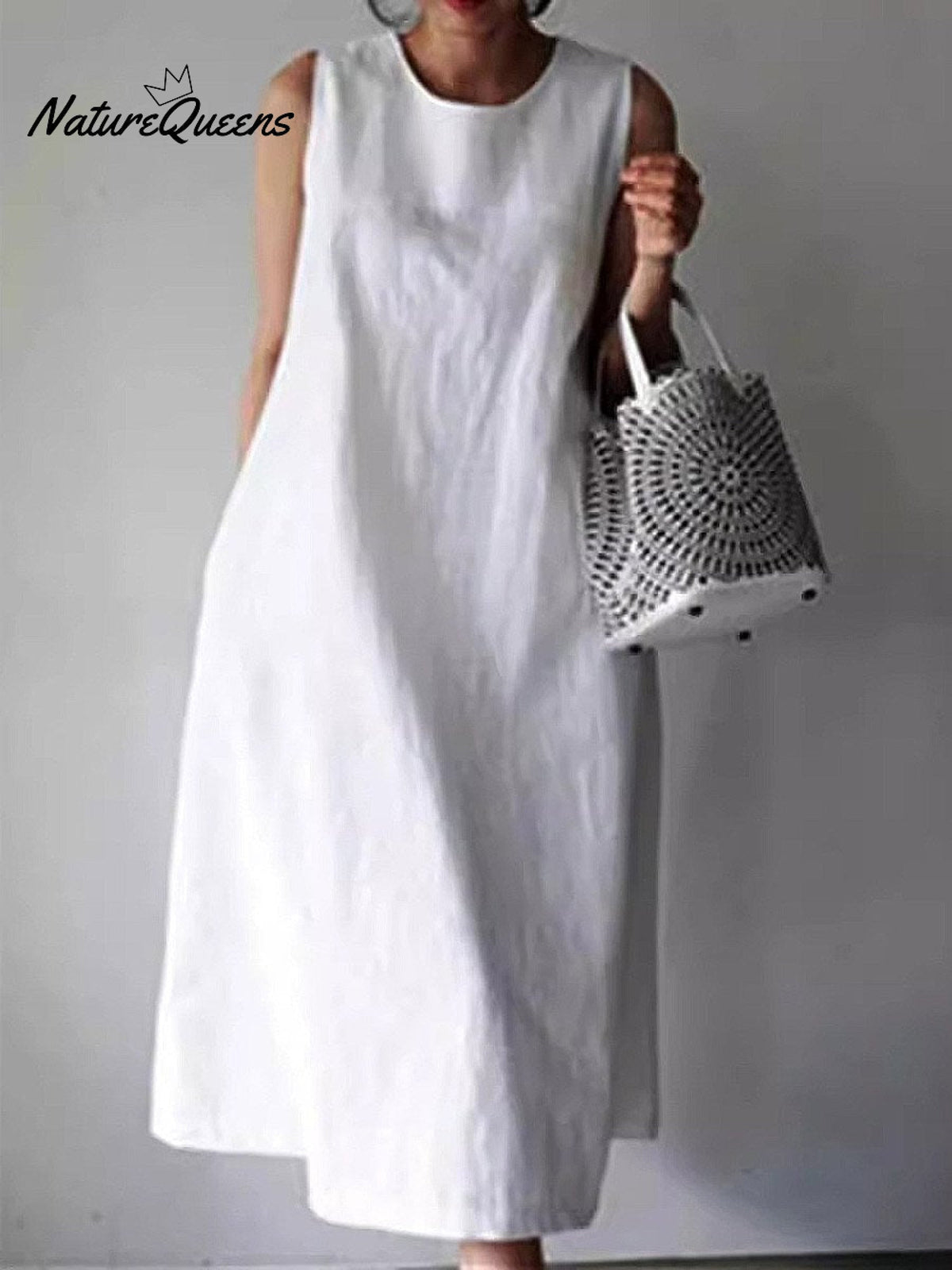 Women's Solid Color Loose Elegant Casual Sleeveless Large Size Cotton And Linen Dress
