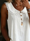 Women's Solid-color Sleeveless Shirt — Turn-down Collar, Lace Trim, Button-front