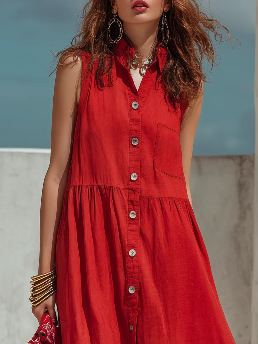 Red Textured Cotton-linen Button-front Lace Spliced Sleeveless Shirt Maxi Dress