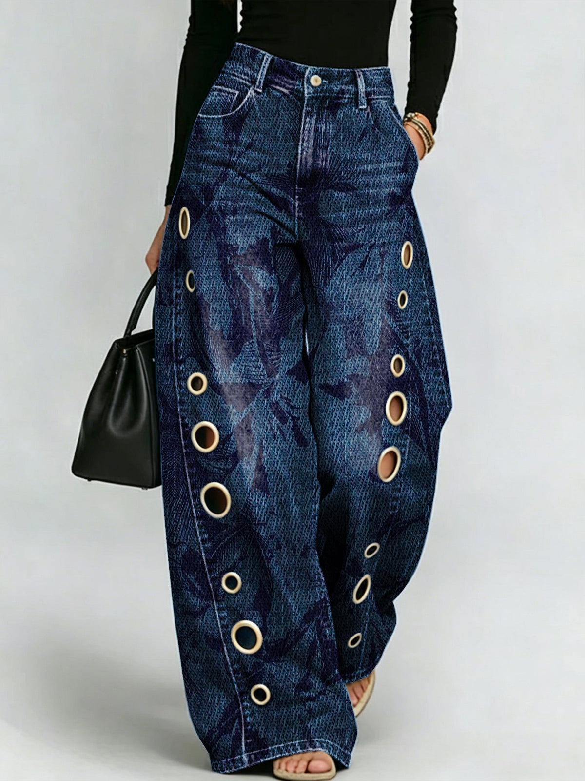 Printed Curved-leg Jeans With Metal Ring Accents