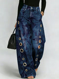 Printed Curved-leg Jeans With Metal Ring Accents