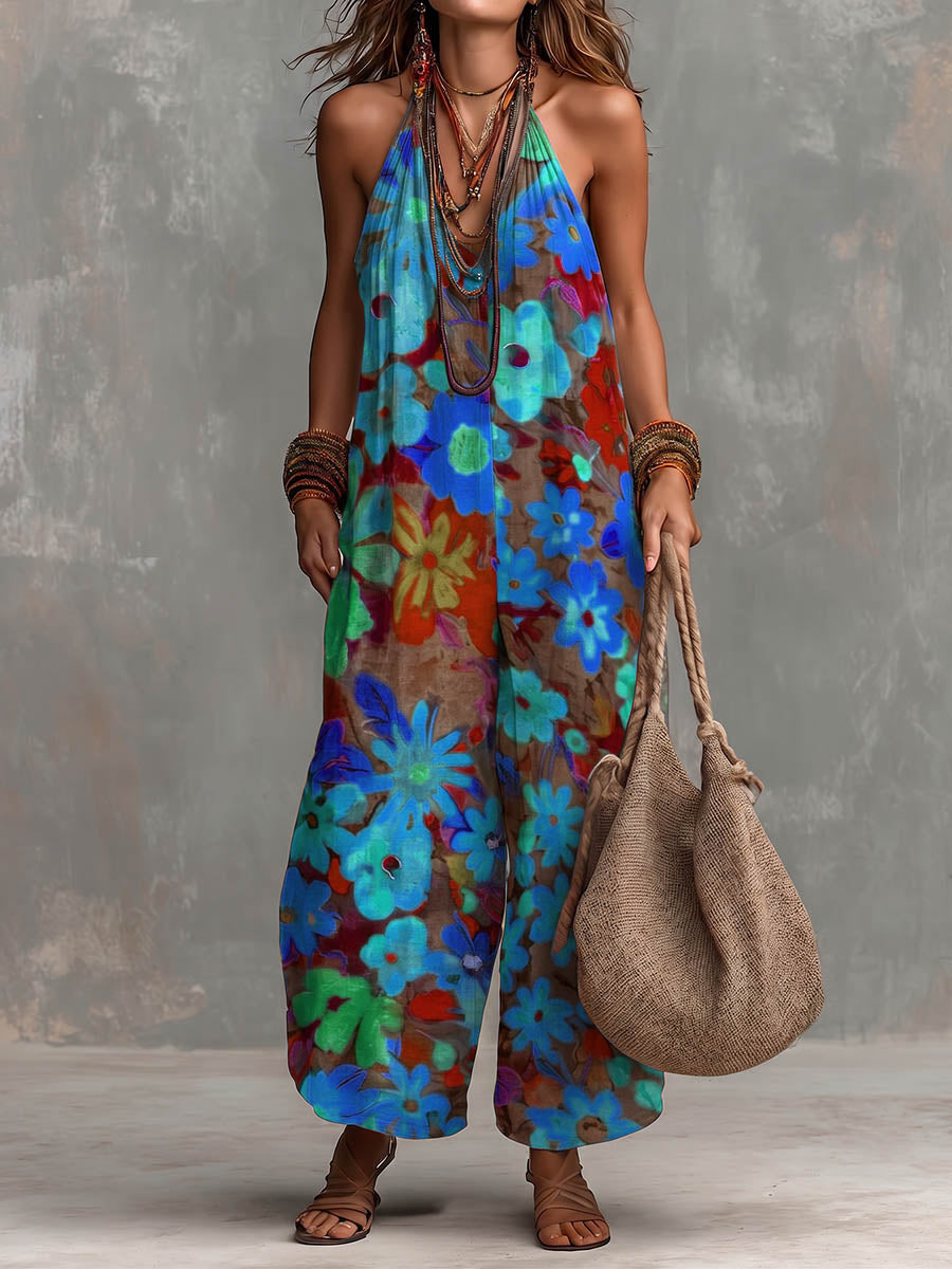 Women's Abstract Print V-neck Sleeveless Casual Loose-fit Cotton-linen Wide-leg Jumpsuit