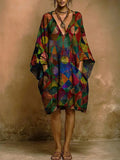 Women's Vintage Pattern Print Short-sleeve Cotton-linen Dress
