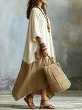 Women's Color-block Patchwork Cotton-linen Dress — Round Neck, Three-quarter Sleeves, Loose Fit