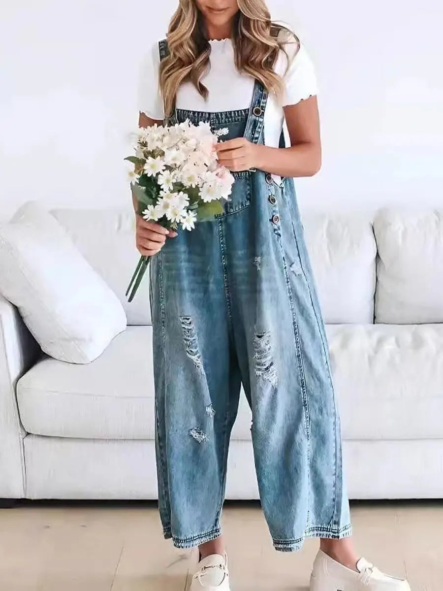 Women's Retro Distressed Loose Wide-leg Denim Jumpsuit