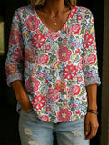Vintage Flower Decorative Patterns Women's Long Sleeve V Collar Linen Cotton Shirt