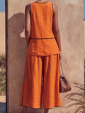 Women's Halter-neck V-neck Sleeveless Top & Wide-leg Pants Loose-fit Set With Contrast Trim