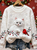 Christmas Cat & Bird Art Women's Flannel Sweater