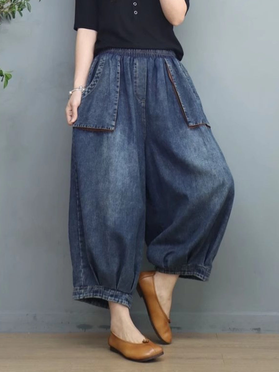 Washed Denim Cropped Balloon Pants With Elastic Waist And Large Patch Pockets