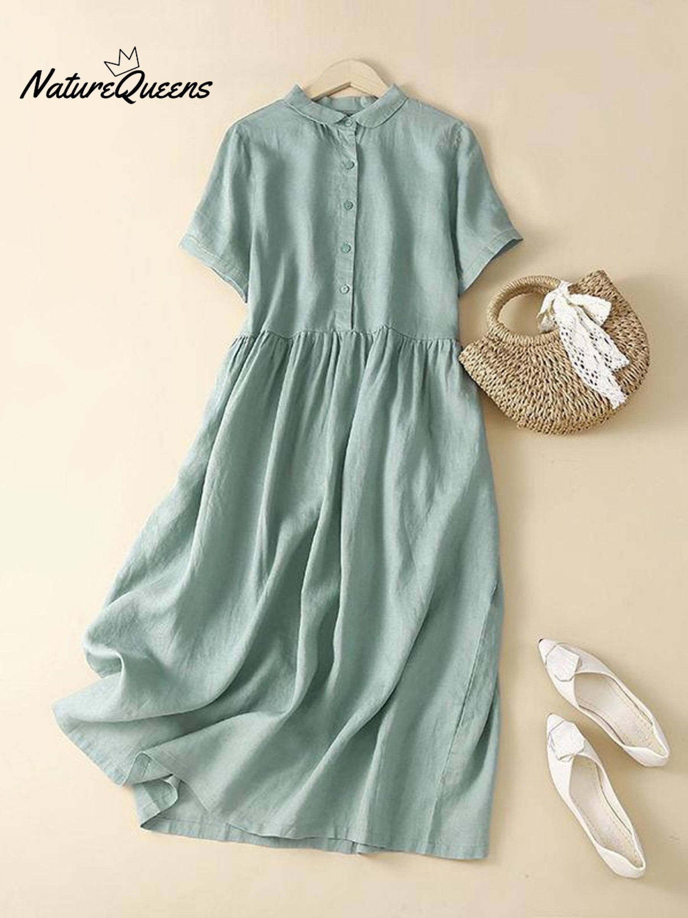 Women's Cotton And Linen Short Sleeve Solid Color Casual Shirt Dress