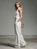 Stylish And Casual V-neck Sleeveless Top And Polka Dot Printed Trousers Chiffon Set