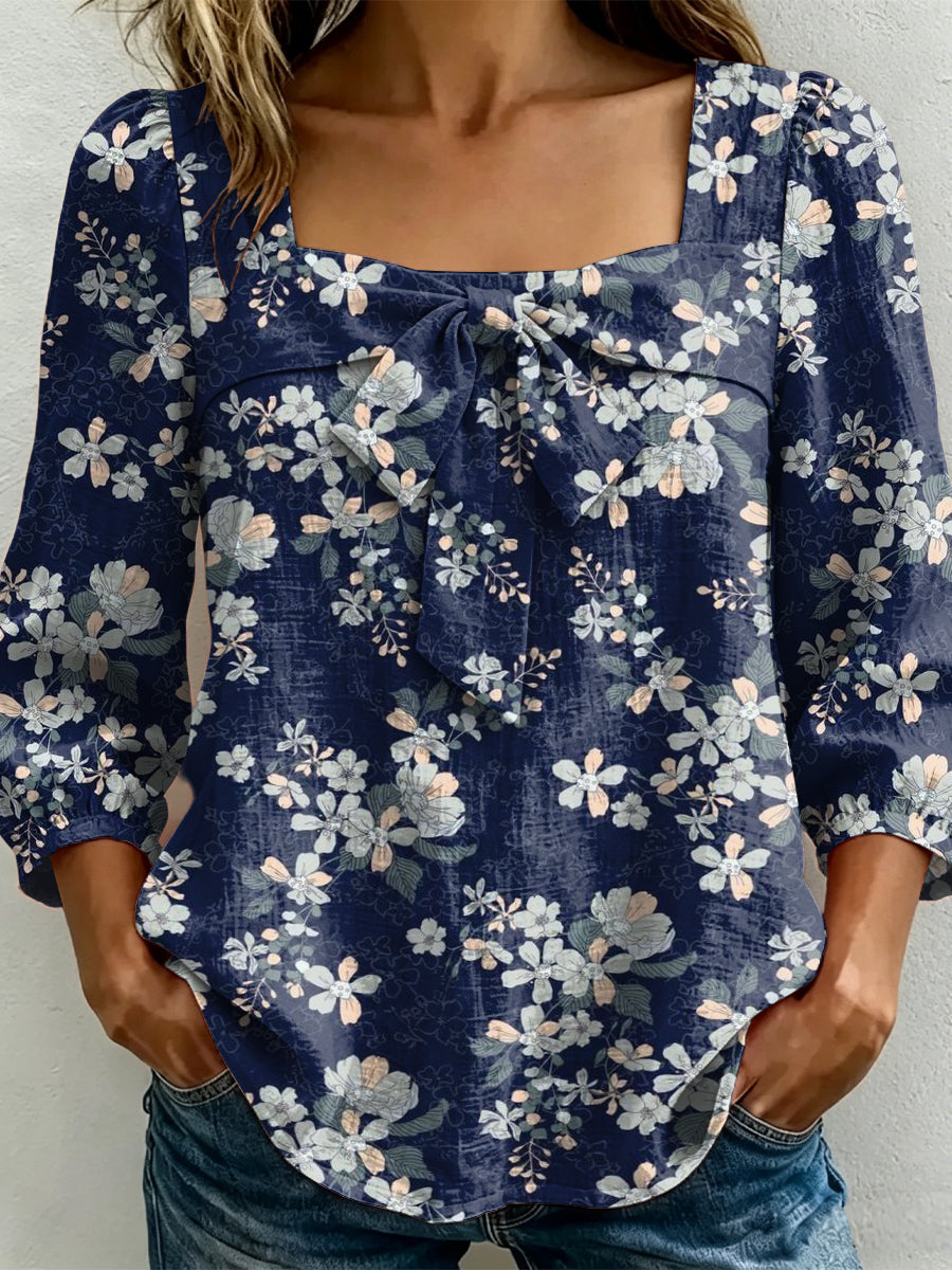 Retro Elegant Flowers Decorative Pattern Women's Long Sleeve Linen Cotton Shirt