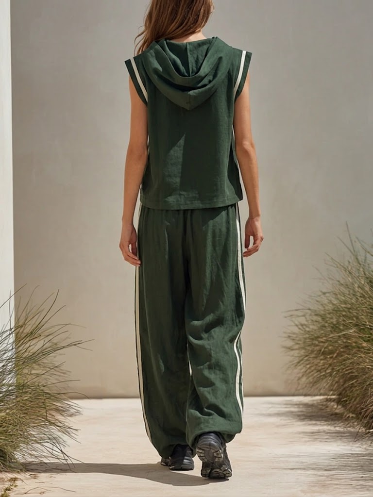 Stylish Casual Linen And Cotton Two-piece Set: Hooded Top And Pants